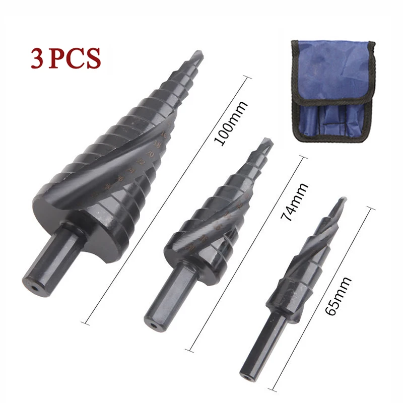 3 개/대 4-32 Mm 고속 강철 질화 된 단계 드릴 삼각형 생크 나선형 테이퍼 드릴 나무 금속 구멍 오프너에 적합