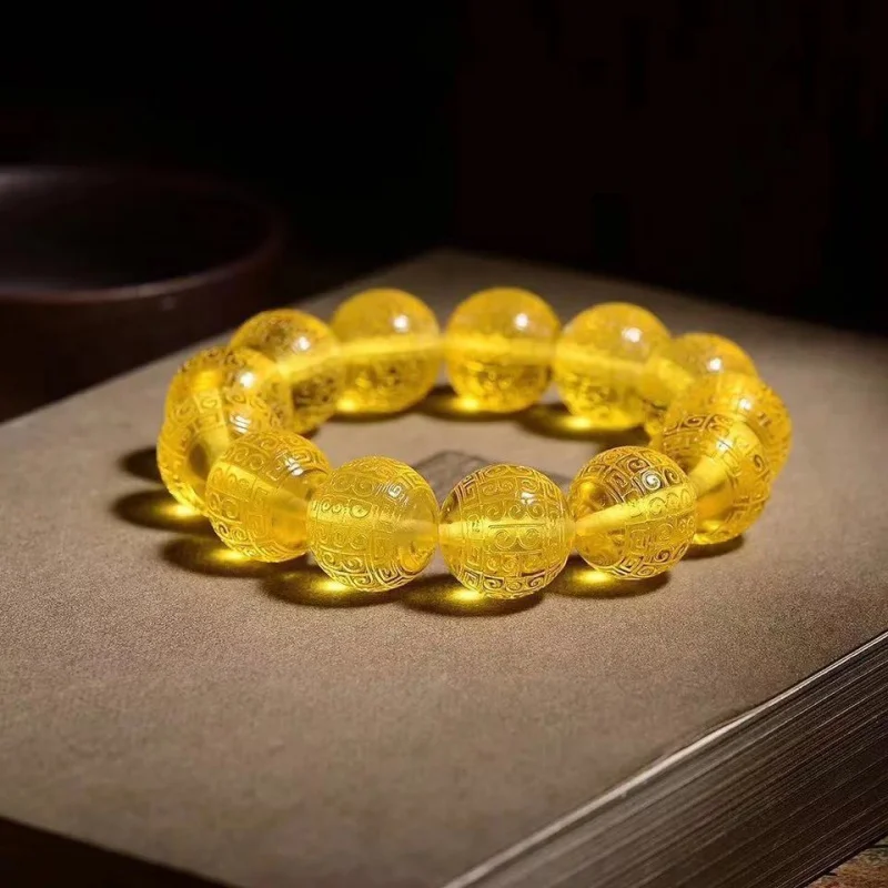 Baltic Sea Golden Amber Fret Beads Single Circle Bracelet Water Purification Amber Beeswax Ball Bracelet Men and Women Rosary