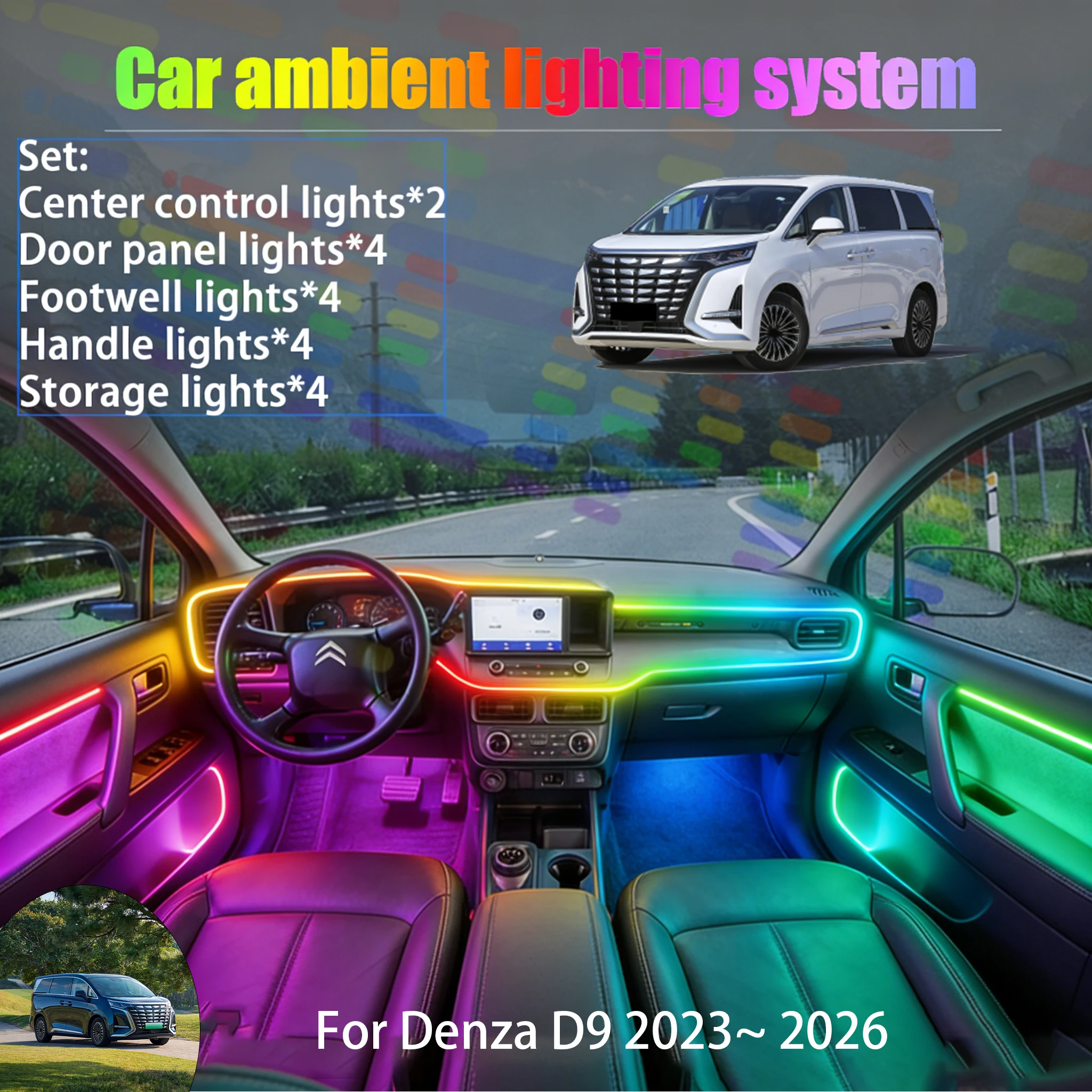 

Для Denza D9 2023~2026: Комплект светодиодной подсветки салона и багажника 2/18 в 1, USB RGB, с эффектом бегущей строки, автозапчасти