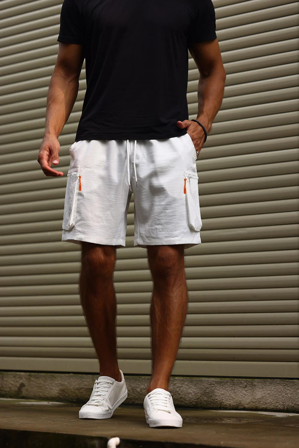 White Zipper Cargo Shorts With Contrast Pockets for Men