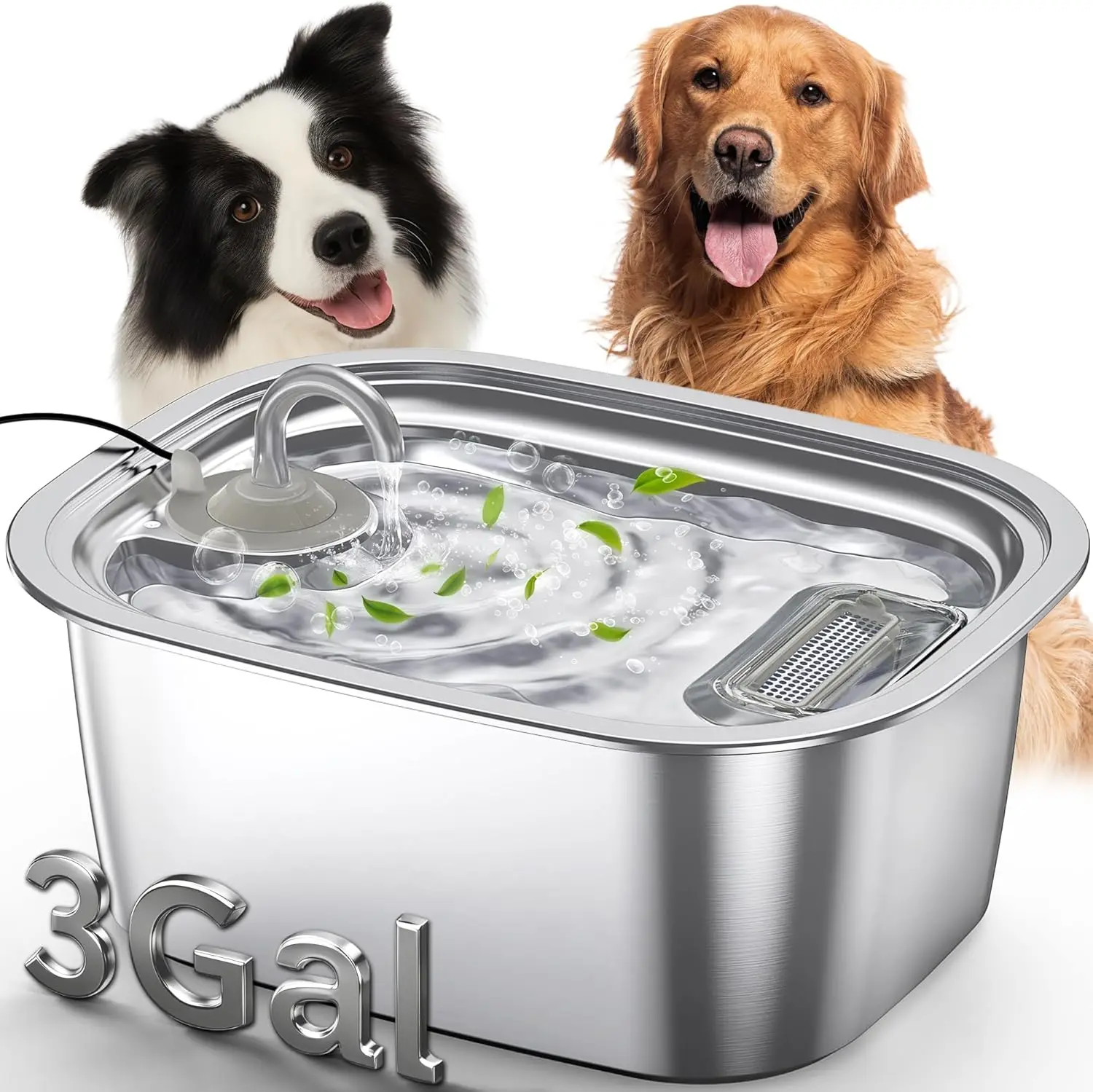 

3 Gallon Stainless Steel Dog Water Fountain with LED, Quiet Pump for Large Pets, Automatic Dispenser