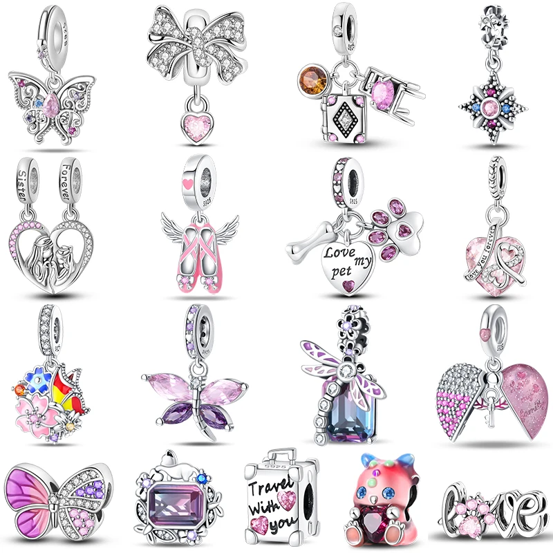 925 Sterling Silver Butterfly Dragonfly Flower Pink Zircon Themed Sweet Charms Beads Fit Pandora Original Bracelets DIY Jewelry