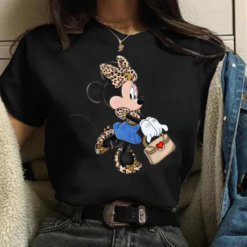 Tshirt Leopard Minnie Mouse Disney T-shirt odzież damska letnie koszule z krótkimi rękawami Minnie Casual Kawaii t-shirty ubrania