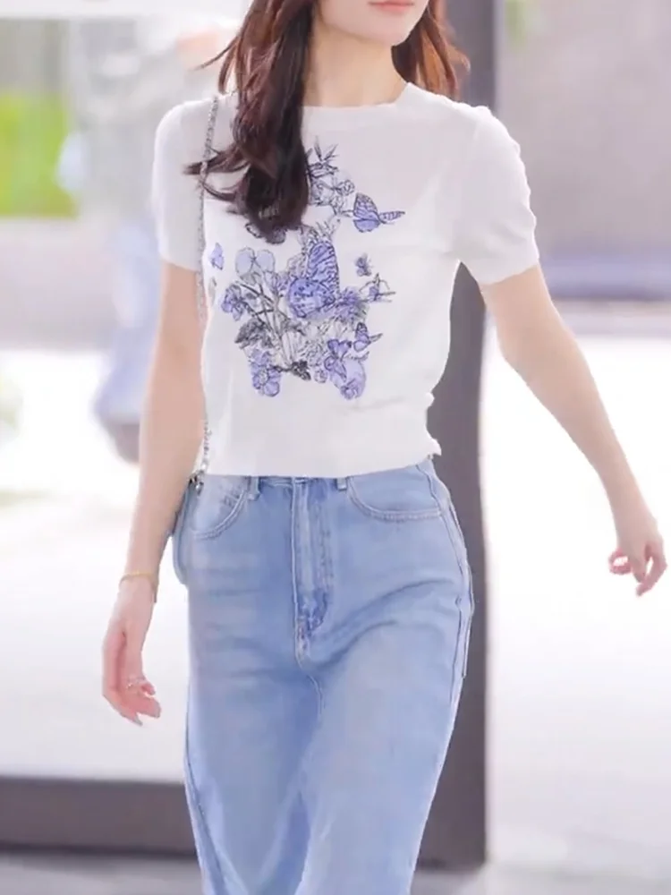 

Корейская футболка с принтом для похудения ort Sve, женская модная летняя футболка, новый универсальный топ большого размера