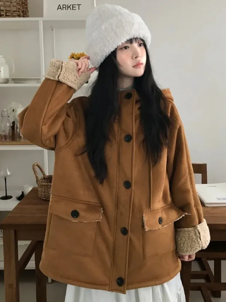 Abrigo de piel de ante Retro con capucha Dstring chaqueta de algodón versátil cálida para mujer primavera Otoño Invierno nueva llegada