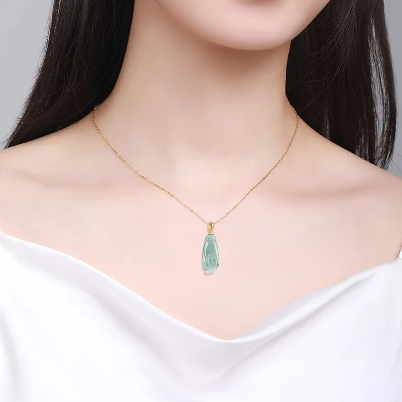 Jiale/Hand-carved/Natural Jade Inlay Blue Water Guanyin Hands Necklace Pendant Personality Fine Jewelry Men Women Couple Gift