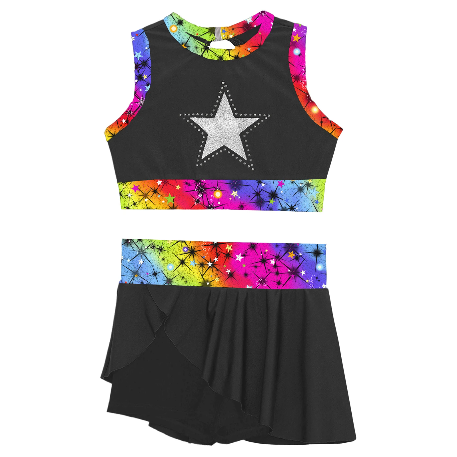 أطفال بنات الباليه الرقص الجمباز الزي بلا أكمام مطبوعة تانك الأعلى مع تنورة رياضية الهتاف Dancewear ملابس السباحة الرياضية #1