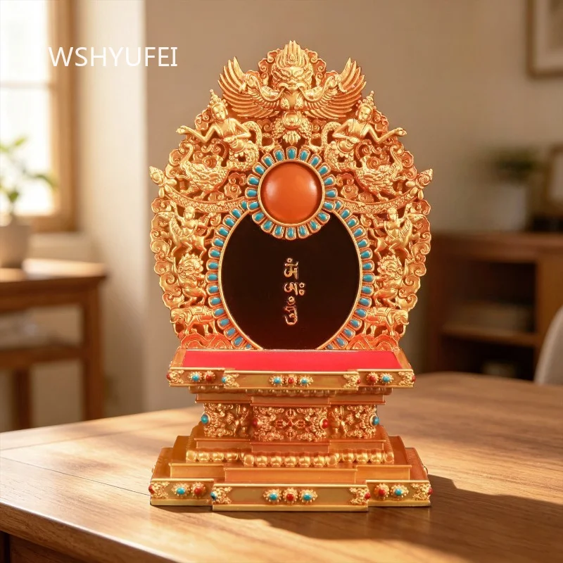 Tibetan Style Resin Buddha Throne with Garuda and Jewel Inlays Gold Finish Altar Stand for Statue Display and Meditation Decor