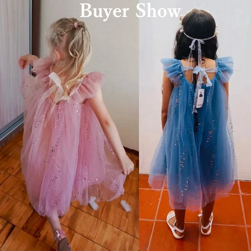 2024 New Summer Girl Suspender Princess Dress Ruffles Kids Sequin Tutu Birthday Party Vestidos for 3-8Y Elegant Girls Dresses