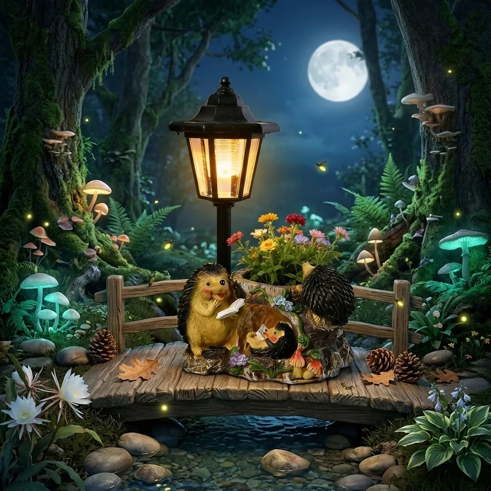 Hedgehog Family Solar Garden Ornament with Lantern and Flower Pot for Lawn Patio Yard Resin Outdoor Light 33cm Total Height