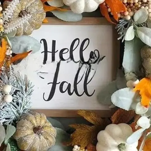 Artificial Pumpkin Maple Leaf Wreath for Door Hanging Autumn Decoration with Wooden Sign and Berries 45cm Green White