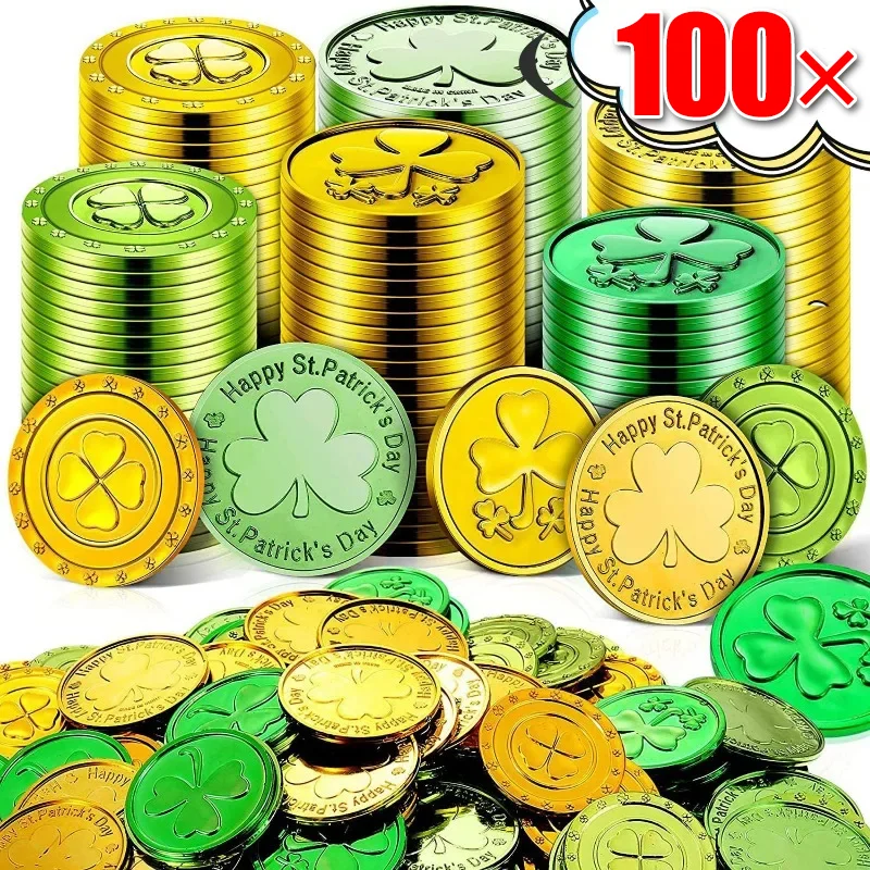 5/100PCS St. Patrick's Day Gold Coins Plastic Green Lucky Shamrock Leprechaun Leaf Prop Coins Gifts Party Decoration Game Chips