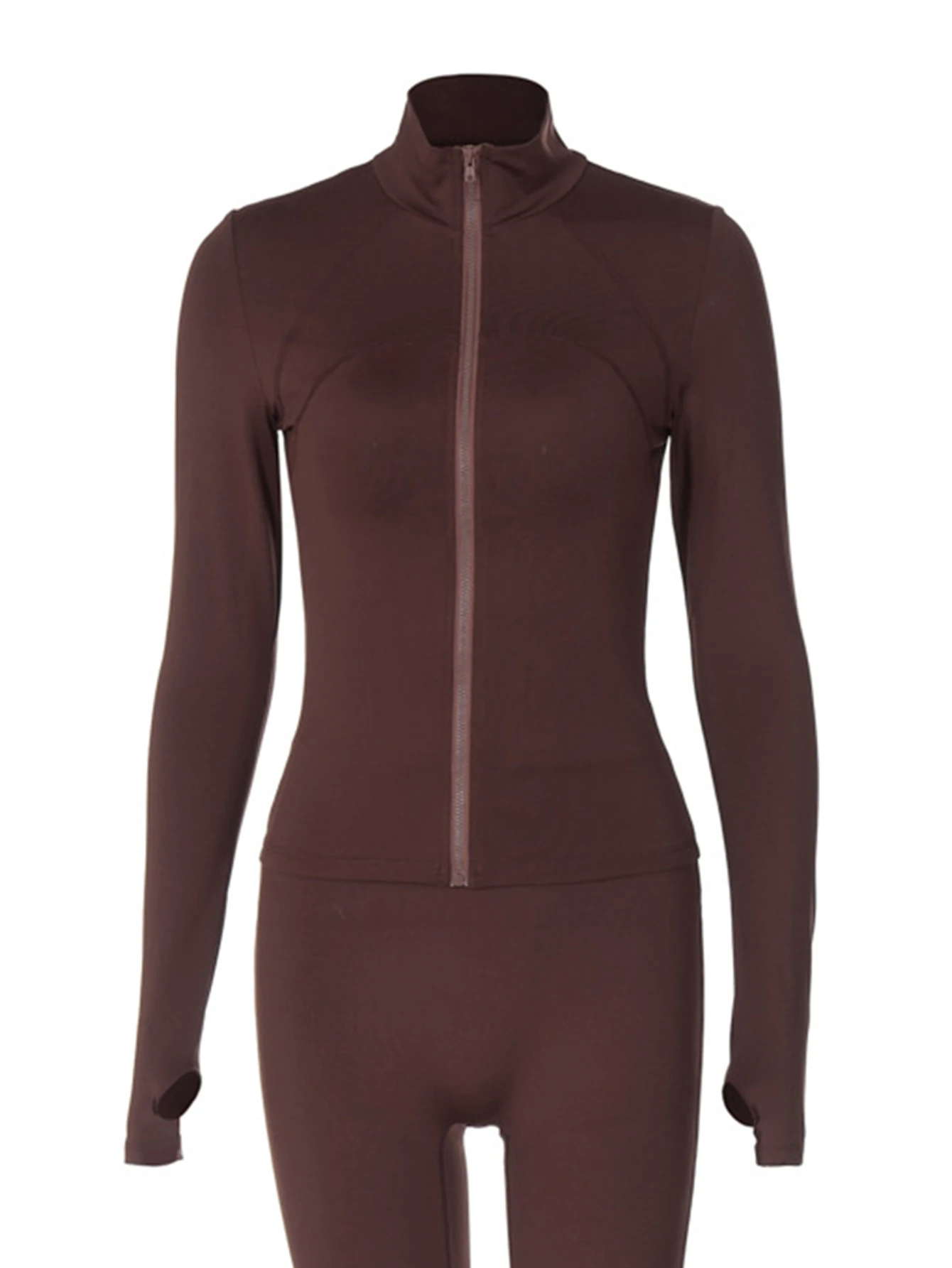 طقم نسائي رياضي بأكمام طويلة وياقة واقفة وسروال رصاص عالي الخصر للكاحل كاجوال للخريف