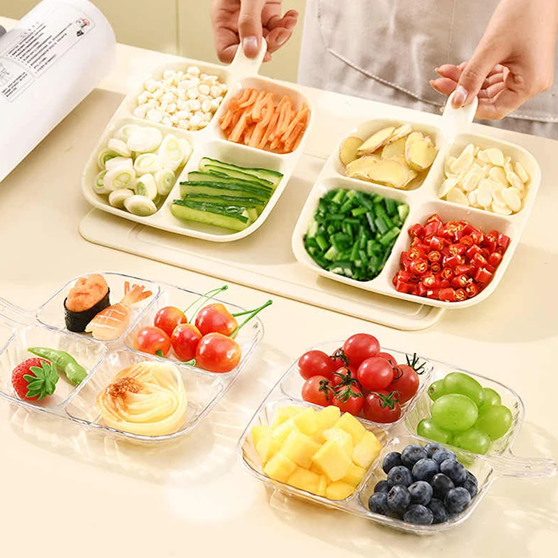 Four Compartment Side Dish Tray With Handle Anti-Scalding Dinner Plate Hangable Ginger Garlic Storage Tray For Kitchen