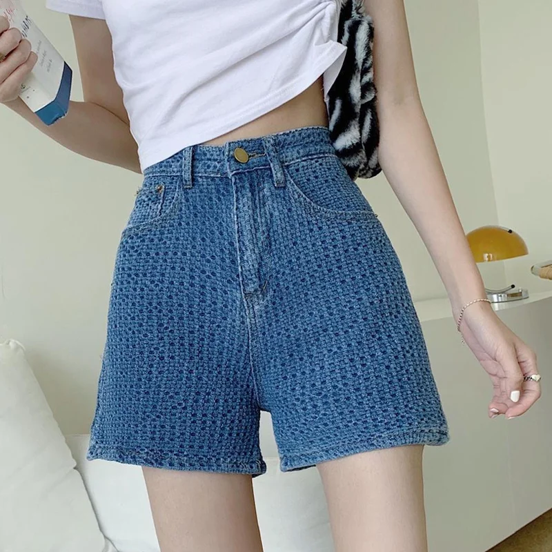 Summer Women Shorts Retro Style Ins Loose Embroidery Women\'s Denim High Waist Short Jeans Casual Bottoms Chic Solid Shorts