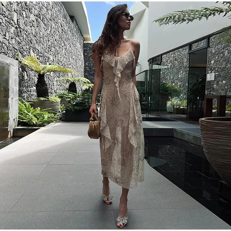 

Elegant Bead Embroidery Sequin Dress Women Sexy Backless Sleeveless Ruffle Strap V-Neck Midi Dresses 2025 New Summer Party Dress