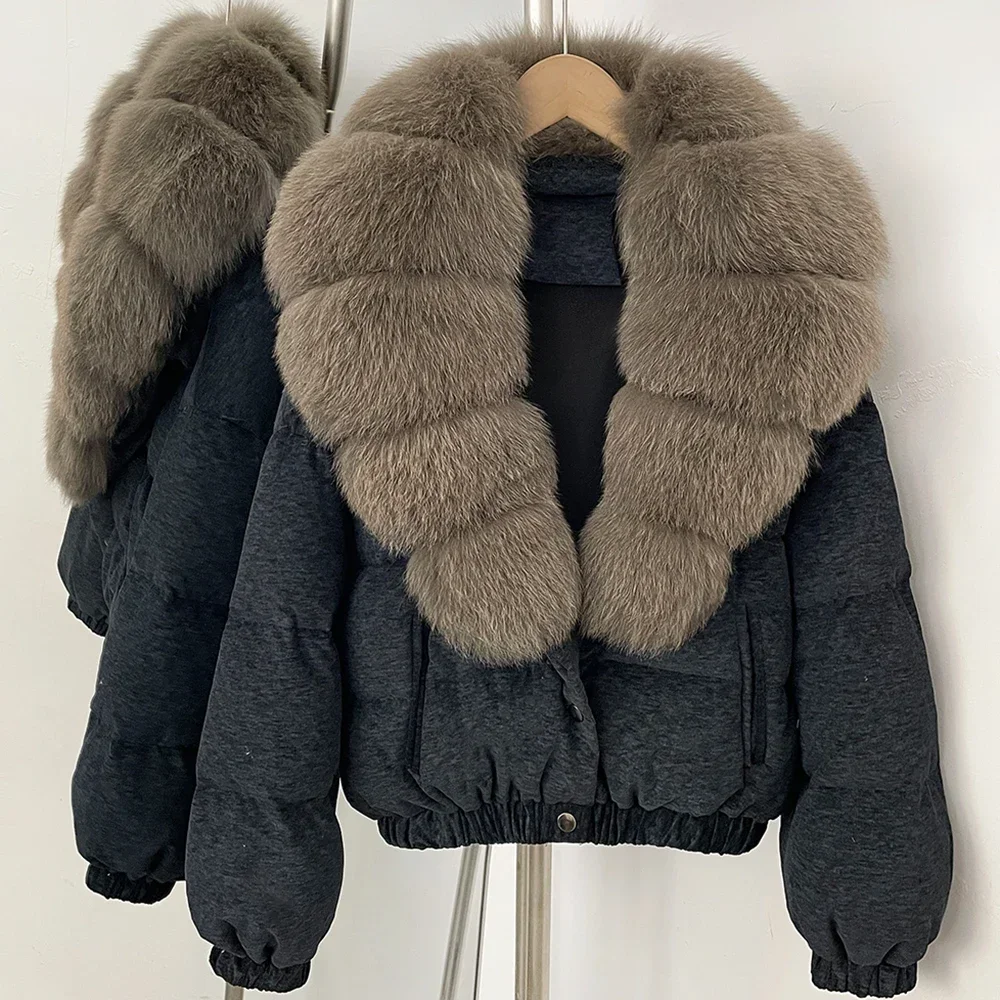 OFTBUY Neue Winterkleidung Übergroßer Echter Fuchspelz Kurzer Daunenmantel Damen 100% Baumwolle Waschbärpelz Entendaunen Pufferjacke Frauen – Detail 21