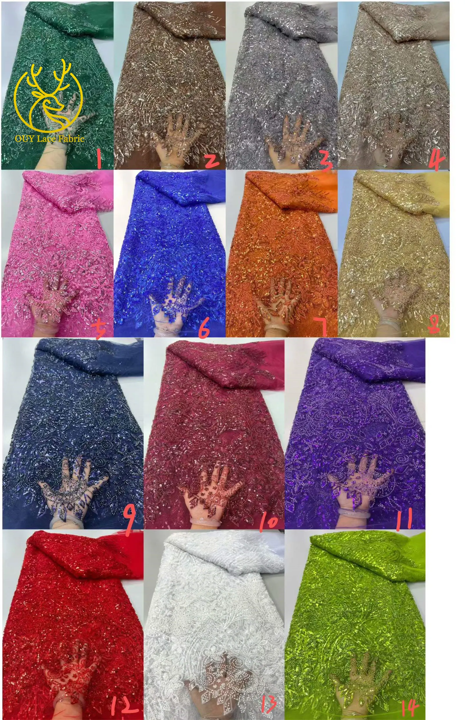 Grüner eleganter afrikanischer Perlen-Pailletten-Spitzenstoff, 5 Yards, hochwertige nigerianische Mesh-Tüllspitze für Damen, Abschlussball, Partykleid, Nähen – Detail 3