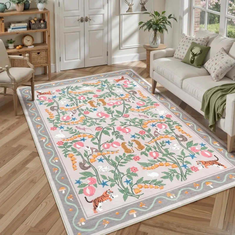 

Tiger Plant Style Living Room Carpet Foldable Machine Washable Sofa Coffee Table Anti-slip Floor Mat Bedroom Bedside Soft Rug 러그