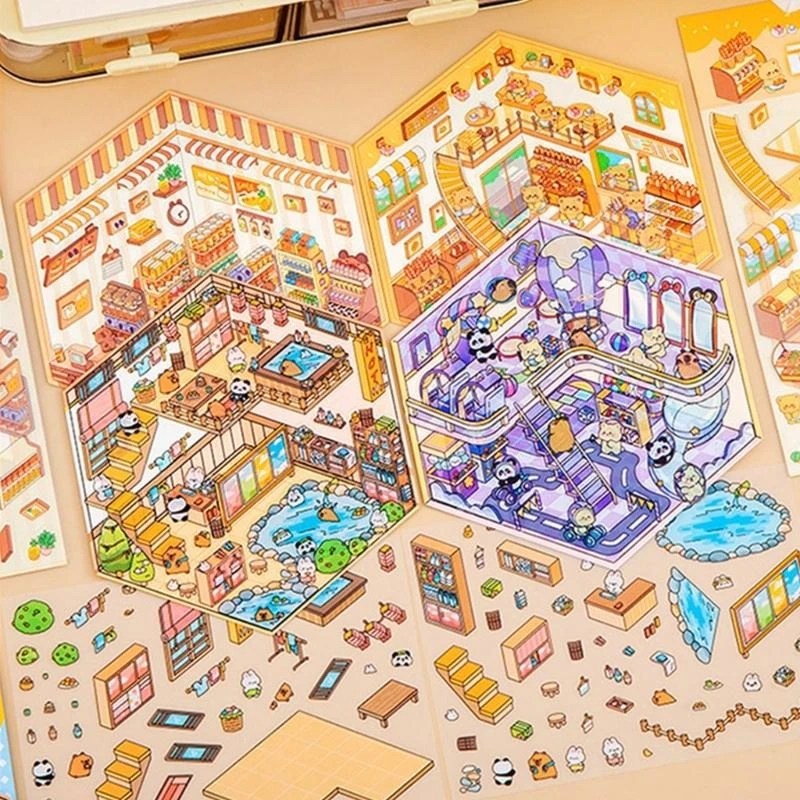 Fun Miniatur Adegan Stiker Kartun Pemandangan Pemandangan Stiker Scrapbooking Sticker Untuk Jurnal Telepon Meliputi Botol