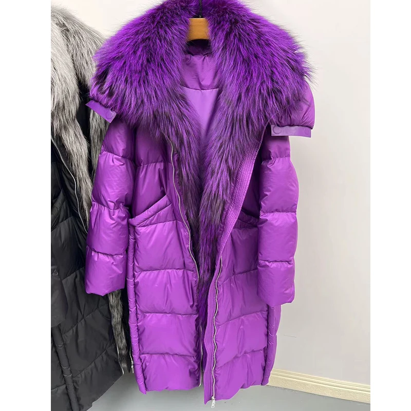 Nowa, luksusowa kurtka puchowa z futrzanym kołnierzem, długa, za kolano, luźna, ocieplana, z kapturem, odzież wierzchnia damska, styl casual, 2025.
