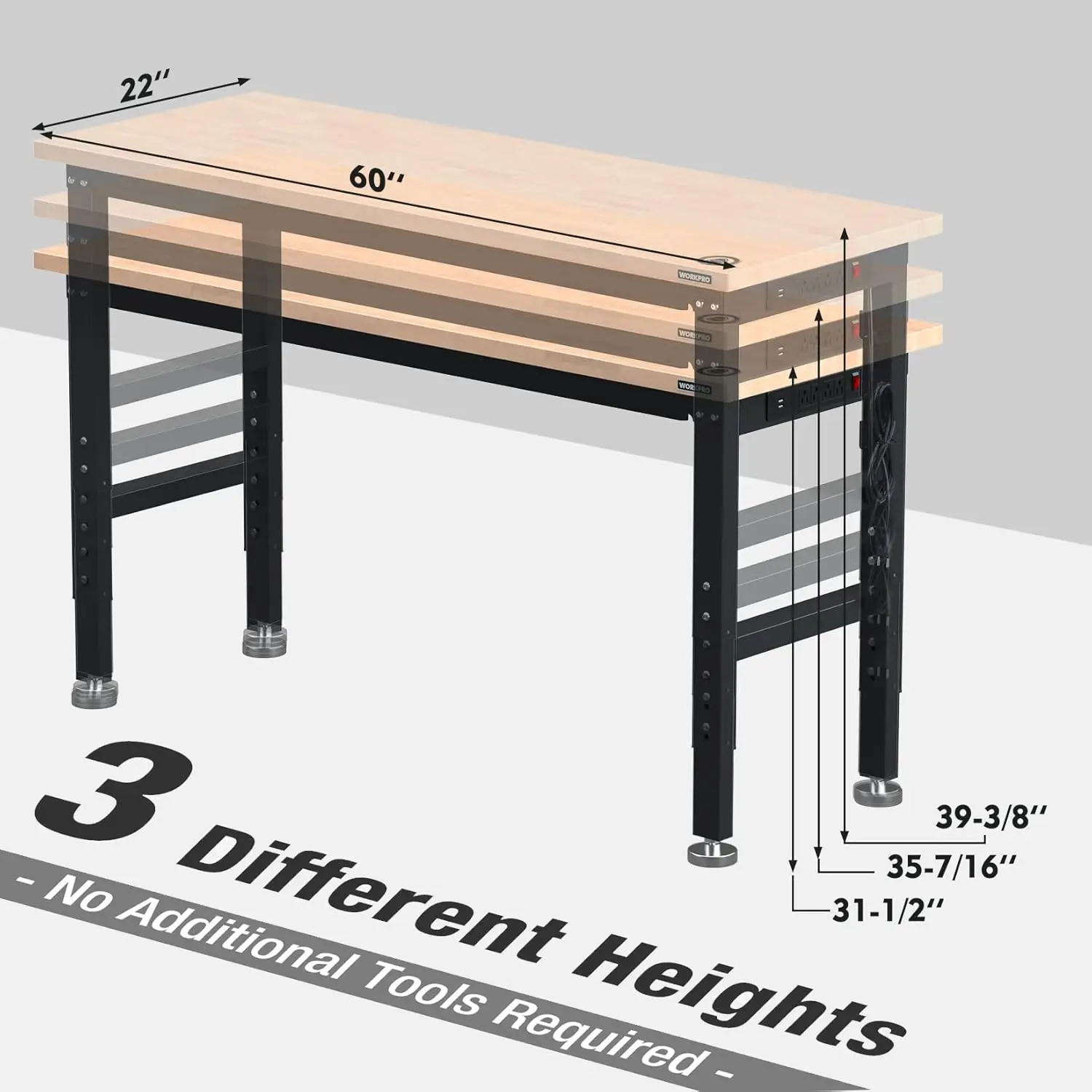 Établi réglable avec dessus en bois de caoutchouc, table de travail en bois dur, capacité de charge de 2000 lb, 60 po