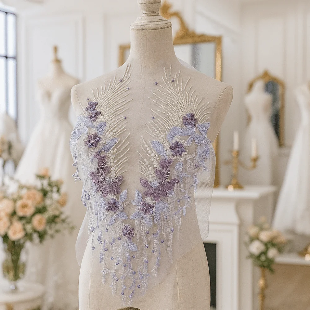 

Elegant Lace Embroidery Patches Vintage Exquisite Flower Embroidered Patches with Pearl Beads Embroidery Design