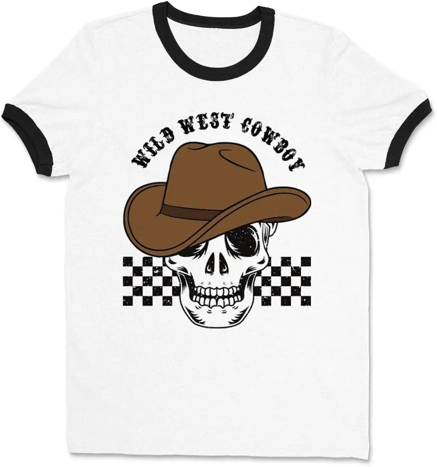 Wild West Cowboy Skeletons Ringer Tee Shirt Unisex 100% Cotton Trendy Y2K Short-Sleeve Tee-Soft, Quick-Drying, Moisture-Wicking;
