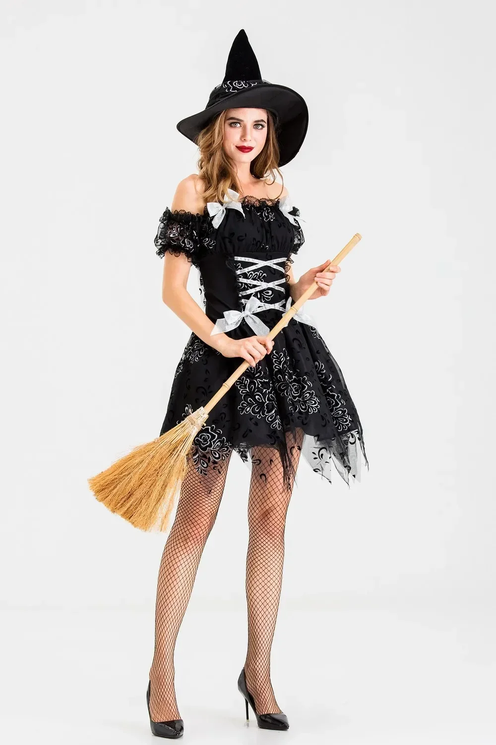 Disfraz de bruja gótica para adultos, disfraz de bruja para fiesta de Halloween, vestido de bruja de tul negro Sexy para mujer + sombrero