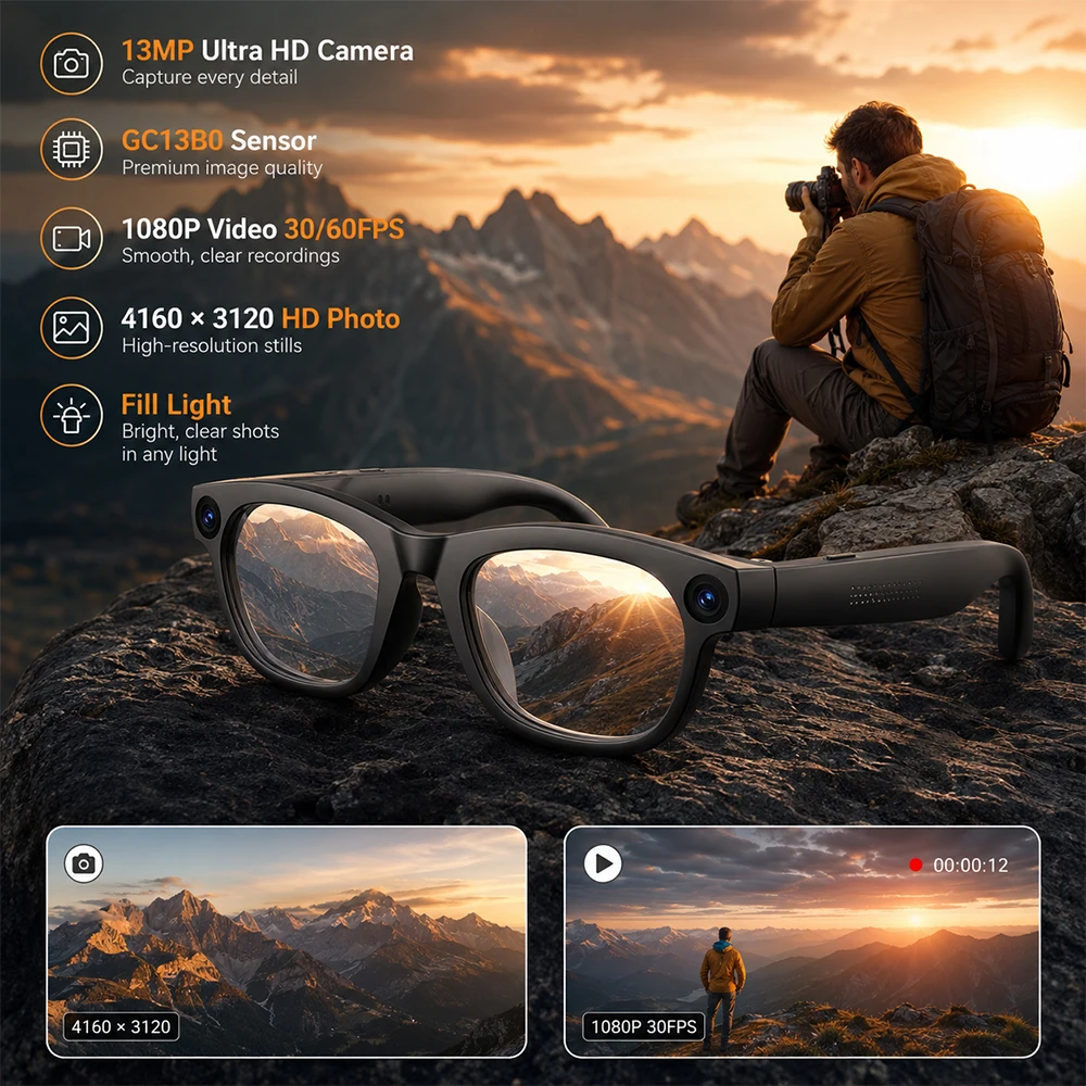 2026 New 13MP AI Smart Glasses 32GB Storage Real-Time Call Translation Meeting Recording Smart Navigation Intelligent Eyewear
