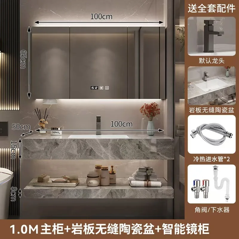 

Тумба для ванной комнаты с керамической интегрированной раковиной, бесшовный шкаф из каменной плиты, комбинированный умывальник, умный зеркальный шкаф для дома