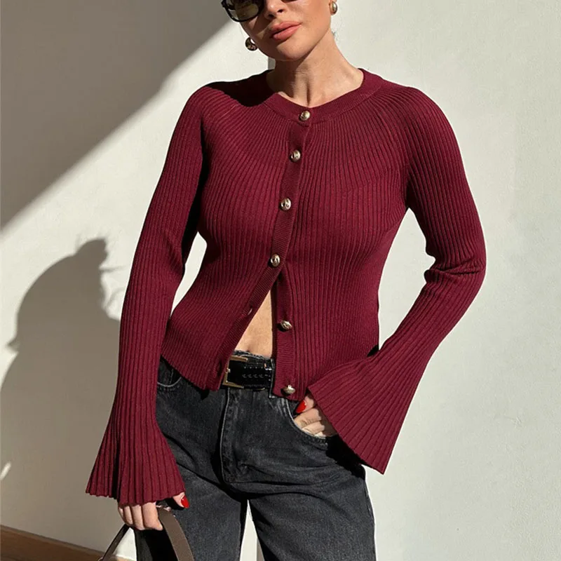 

Вязаный кардиган с длинным рукавом для женщин, однотонные однобортные свитера, тонкие топы в рубчик, осень-зима, женский шикарный трикотаж