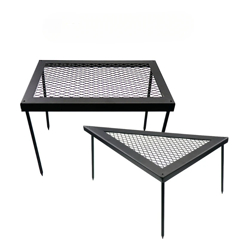 Outdoor camping triangle mesh table, fire iron frame, fireplace table, camping barbecue rack, square storage rack, water table