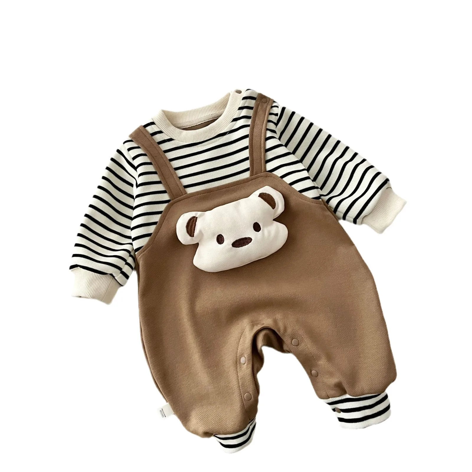 2024 Spring Autumn Kids Newborn Boys Romper - Infant Baby Striped Fake Two Pieces 3D Bear Jumpsuits 0-24M