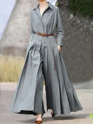 Freeacy Women's Elegant Outfit Solid Gray Jumpsuit Lapel Collar Long Sleeve High Waist Pleated Wide Leg Jumpsuits One-piece Suit