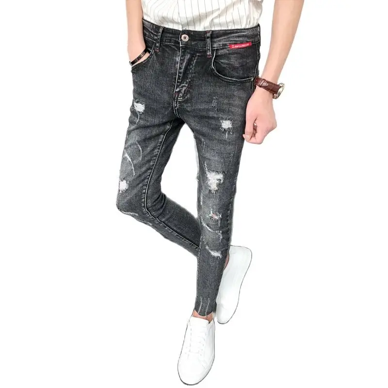 

Spring Autumn 2022 Teenagers Skinny Jeans Men's Trousers Korean Slim Ripped Hole Pants Thin Versatile Tight Pencil Pants