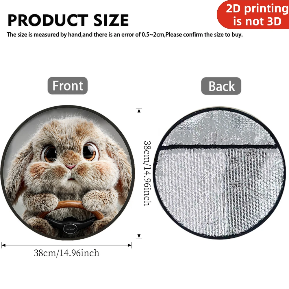 1pc Steering Wheel Sunshade Cover, 2D Flat Fluffy Bunny Holding Steering Wheel Car Interior Beach Background, Car Essential