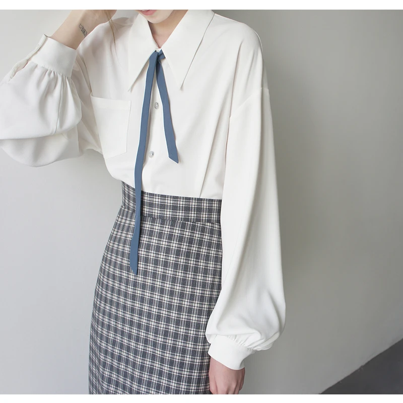 

Trendy White Tie-Detail Long Sleeve Women's Shirt Dongda Gate College Style Fashionable Spring Autumn Anti-Aging Top