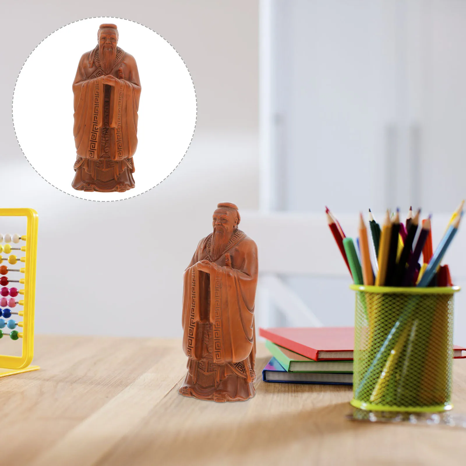 

Boxwood Wooden Home Office Decor Mini Wooden Decor Confucius Statue Wood Carving Confucius Model Gift Ornament