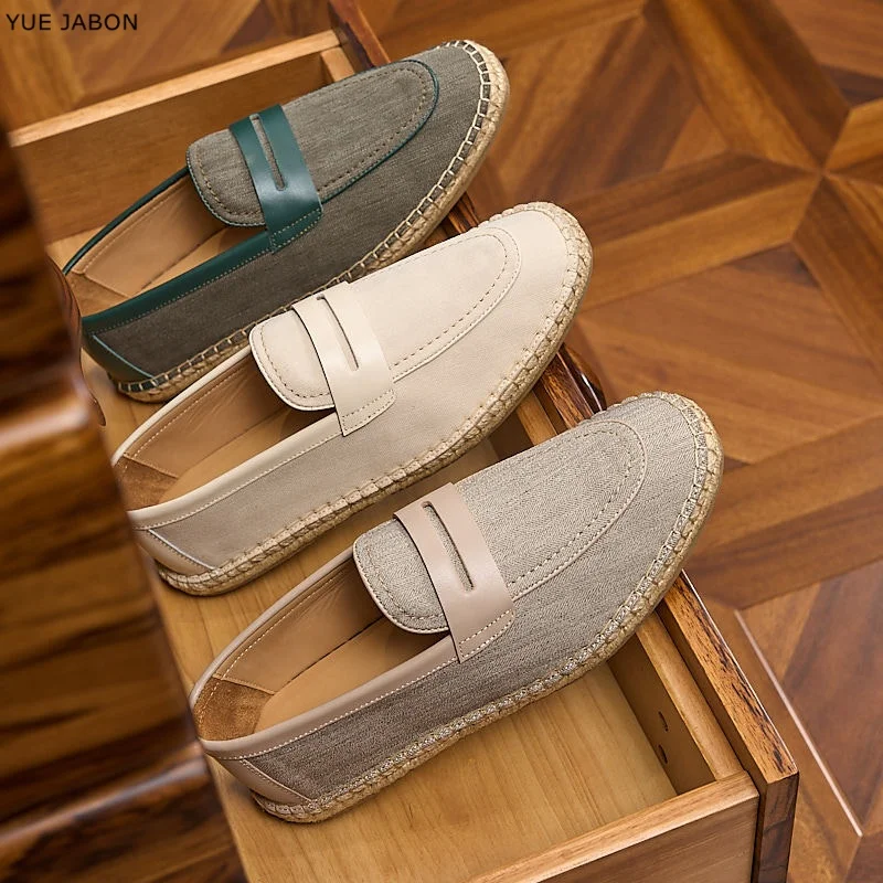 New Men's Fishing Boot Slip-On Linen Spring Loafers Breathable Genuine Leather Spring Flat-Heel round Toe Comfortable Bean Shoes