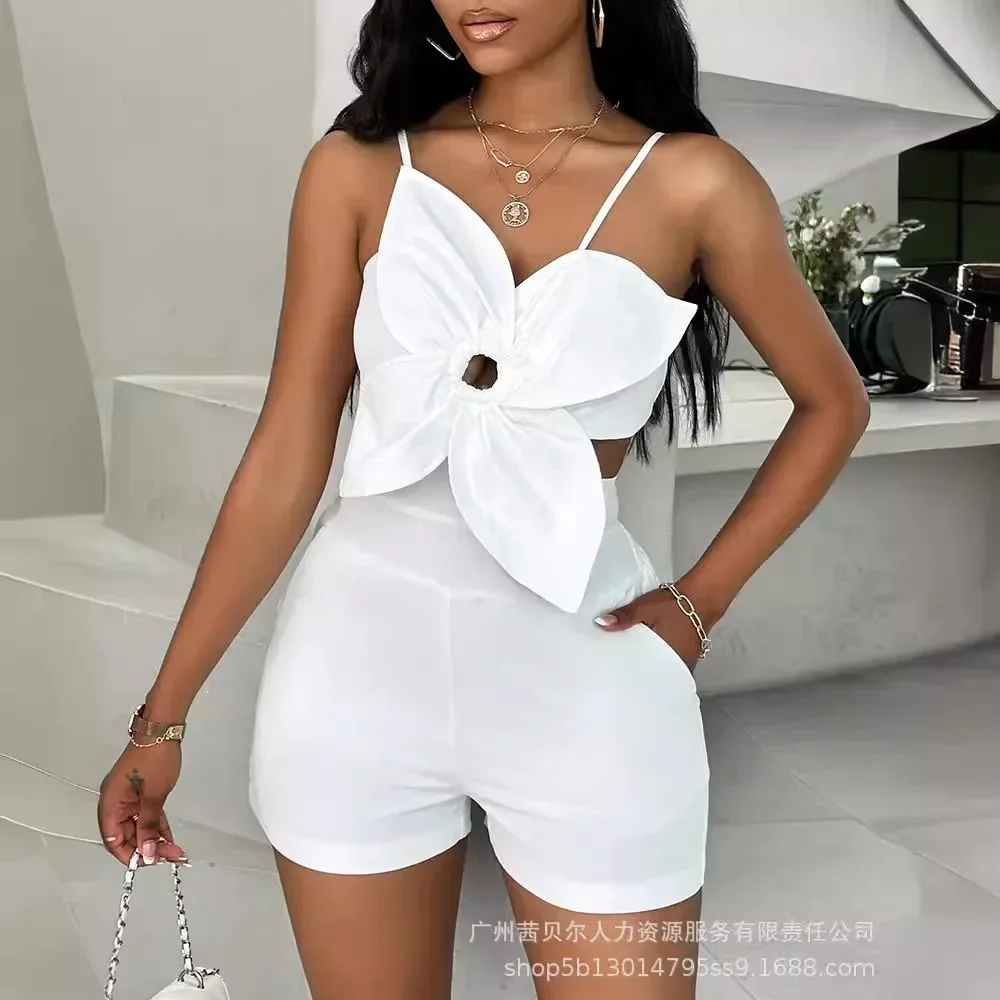 Three-Dimensional Flower Craft Design Strap Jumpsuit White Camis Playsuits Women Summer Sexy Night Club Playsuits