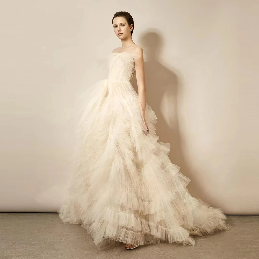 Customized Champagne Blush Tiered Ruffle Tulle  Wedding Dress Illusion Lace Up Back Extra Wide Cathedral Train Bridal Reception