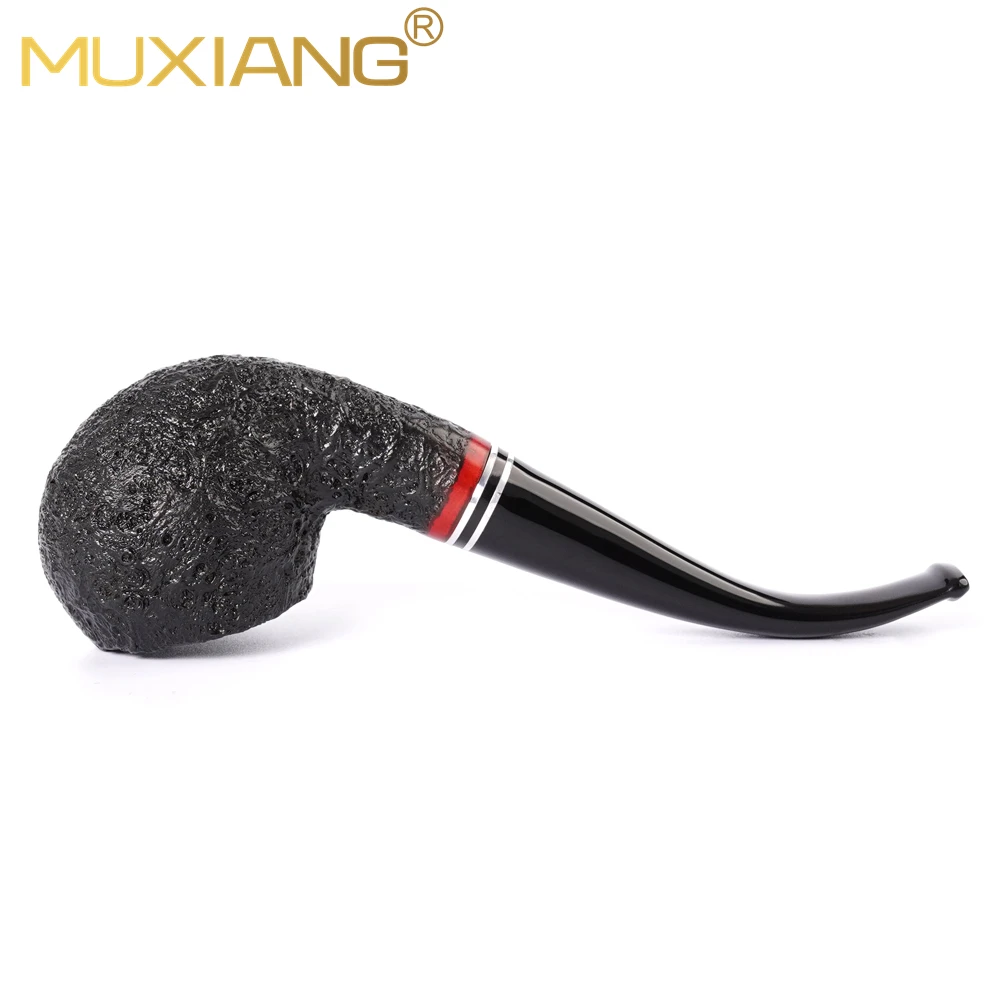 MUXIANG Handmade Briar Wood Bent Apple Tobacco Pipe Detachable Acrylic Mouthpiece With Metal Double Ring 9mm Filter Channel