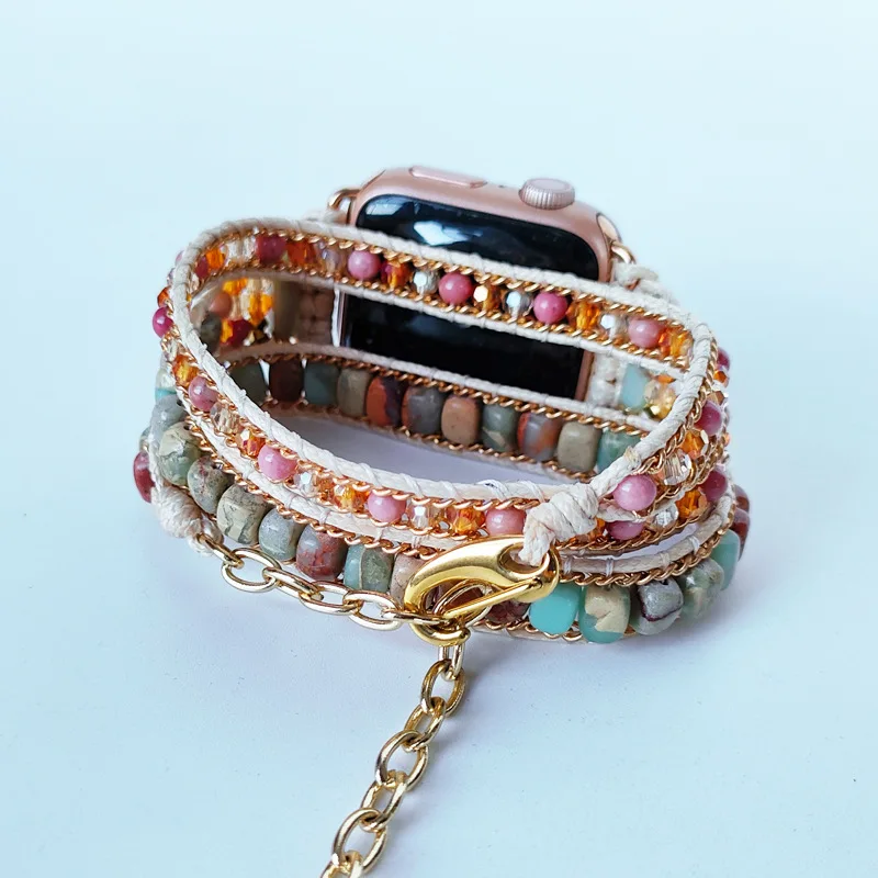 Natural Stone Watch Strap Beige Apple Watch Band Bracelet Crystal Rhodonite Beads Iwatch Smart Watch Watchband 38 40 42 44 45mm