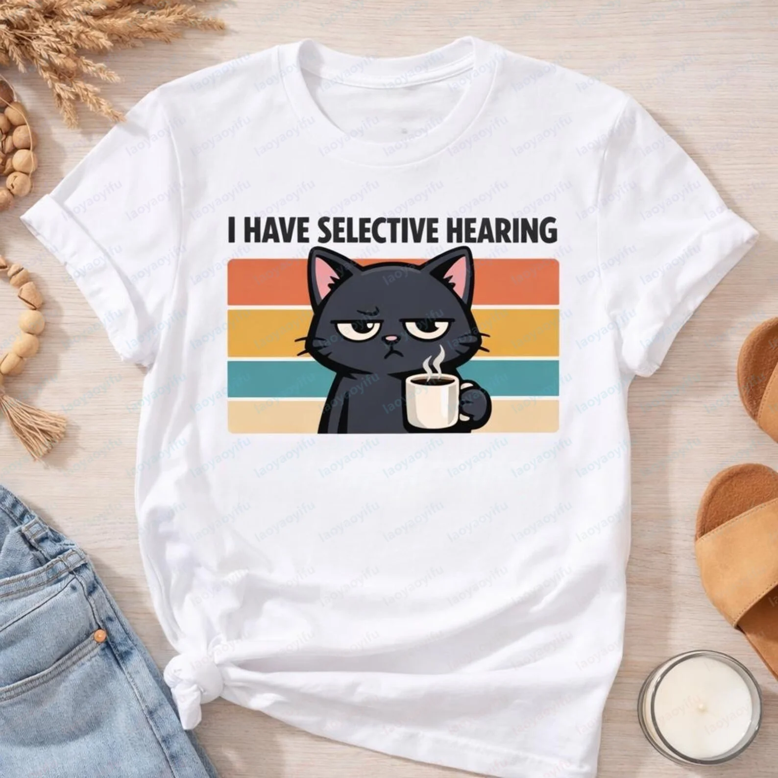 Funny Cat Graphic I Have Selective Hearing T-Shirt Casual Fashion Loose Harajuku Humor Cartoon Tshirt Summer Short Sleeve Tees