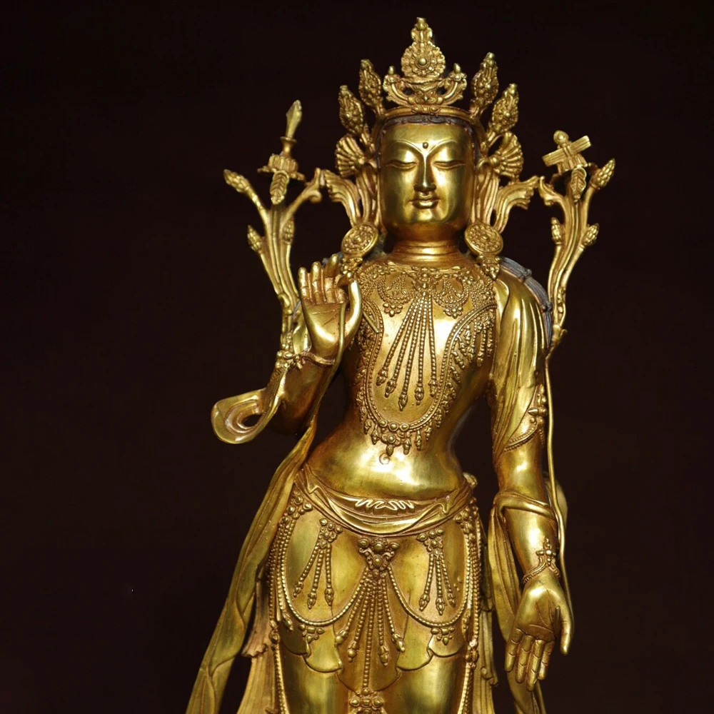 Handmade Tibetan Copper Gold Plated Vintage Standing Tara Bodhisattva Statue Home Altar Desktop Decoration Gift