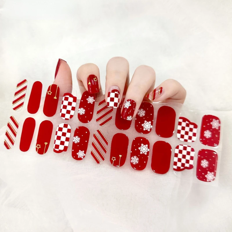 Autocollant pour Ongles en Gel Semi-durci Rouge d'Hiver, Patch de Manucure, Paillettes de Longue Durée, Design Français, Gel UV Complet, Décalcomanie, Décorations