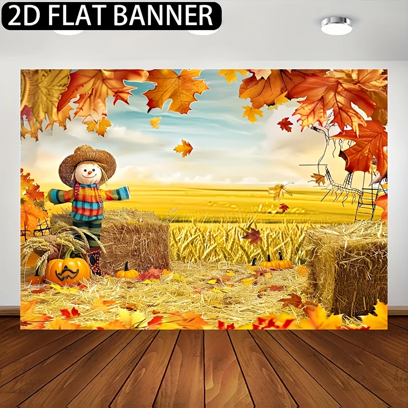 قطعة واحدة من قماش خلفية عيد الشكر لحصاد الخريف - قطعة واحدة من اليقطين والقش ونمط أوراق القيقب