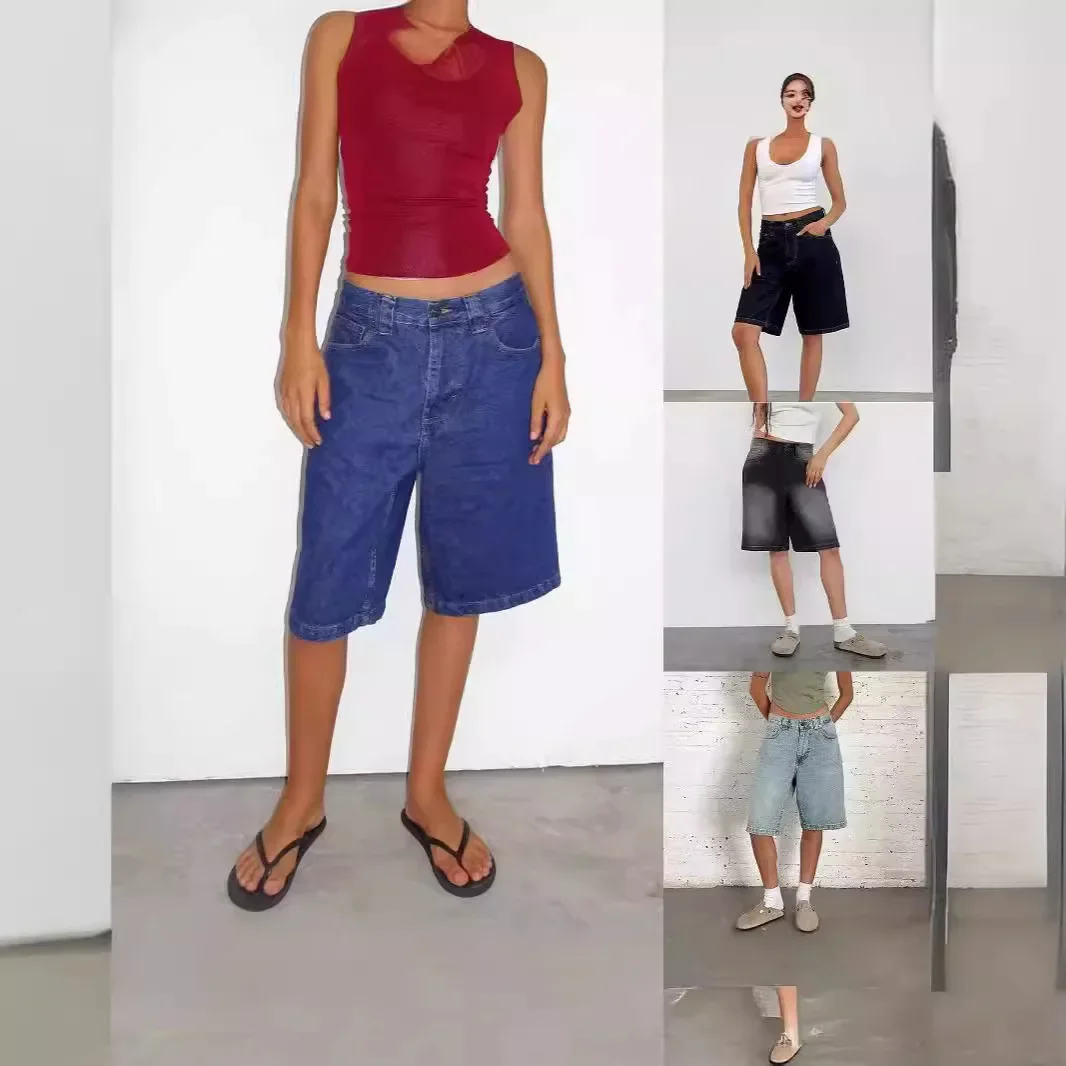 

2025 Loose and Non-elastic Retro Denim Medium Pants Women's Cropped Pants