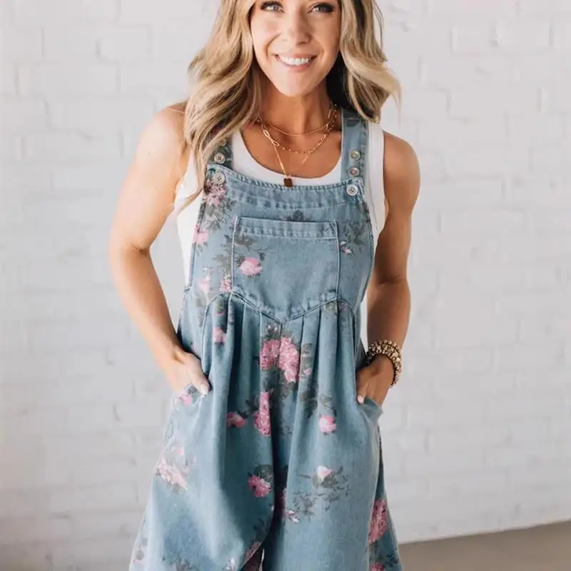 

Джинсовый комбинезон с цветочным принтом в винтажном стиле, модные комбинезоны со средней талией, хлопковая смесь Hanmaa, летняя коллекция